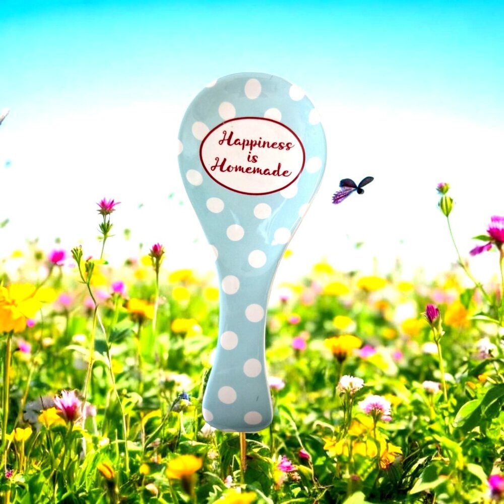 Ceramic Spoon Rest Blue Polka Dot Happiness Is Homemade Kitchen Decor 10"